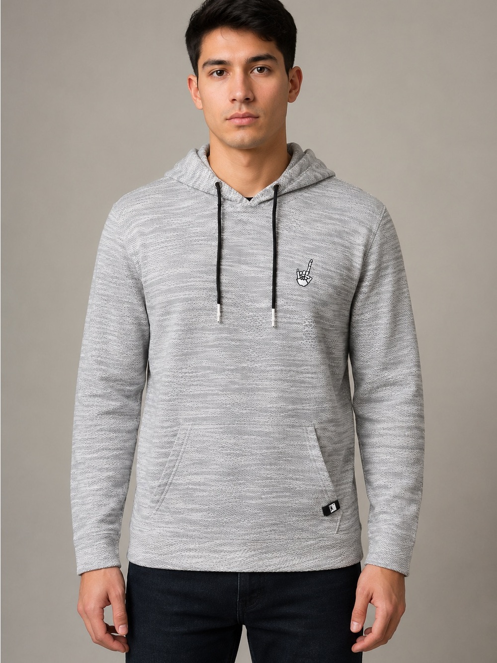 Dikotomy Hoodie Mens Large Gray Marled Knit Rock Hand Embroidered Pullover